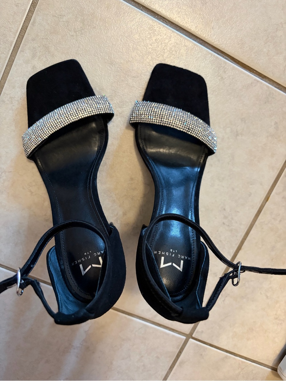 Marc Fisher Black Crystal-Embellished Ankle-Strap Sandals